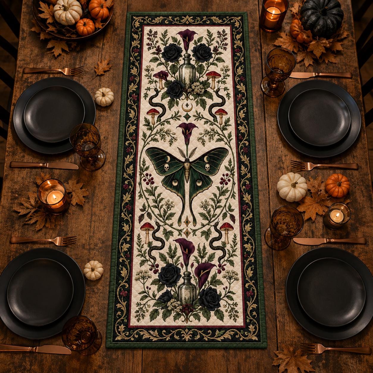 Gothic Luna Moth Table Runner – Quilted Style Dark Botanical Witchy Snake Floral Dining Table Decor - photo 5