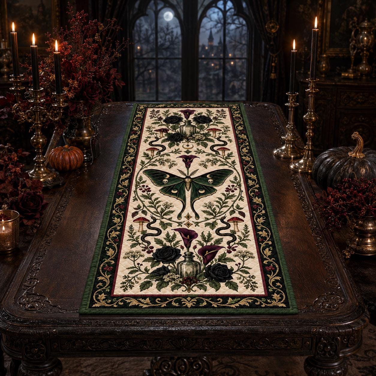 Gothic Luna Moth Table Runner – Quilted Style Dark Botanical Witchy Snake Floral Dining Table Decor - photo 6