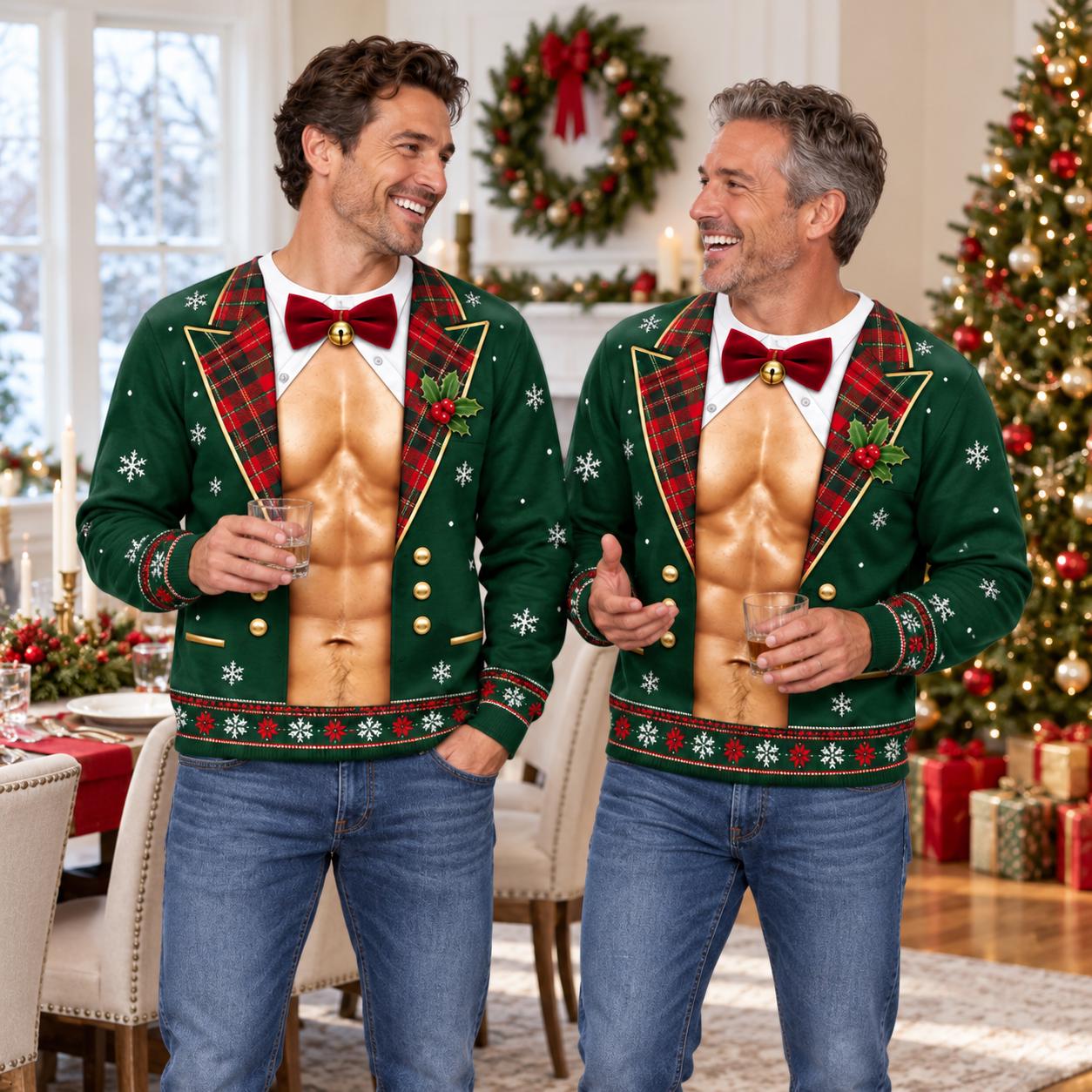 Funny Christmas Tuxedo Sweater and Sweatshirt with Fake Abs Formal Suit 3D Illusion for Ugly Xmas Party Shirt Hilarious Gift for Men