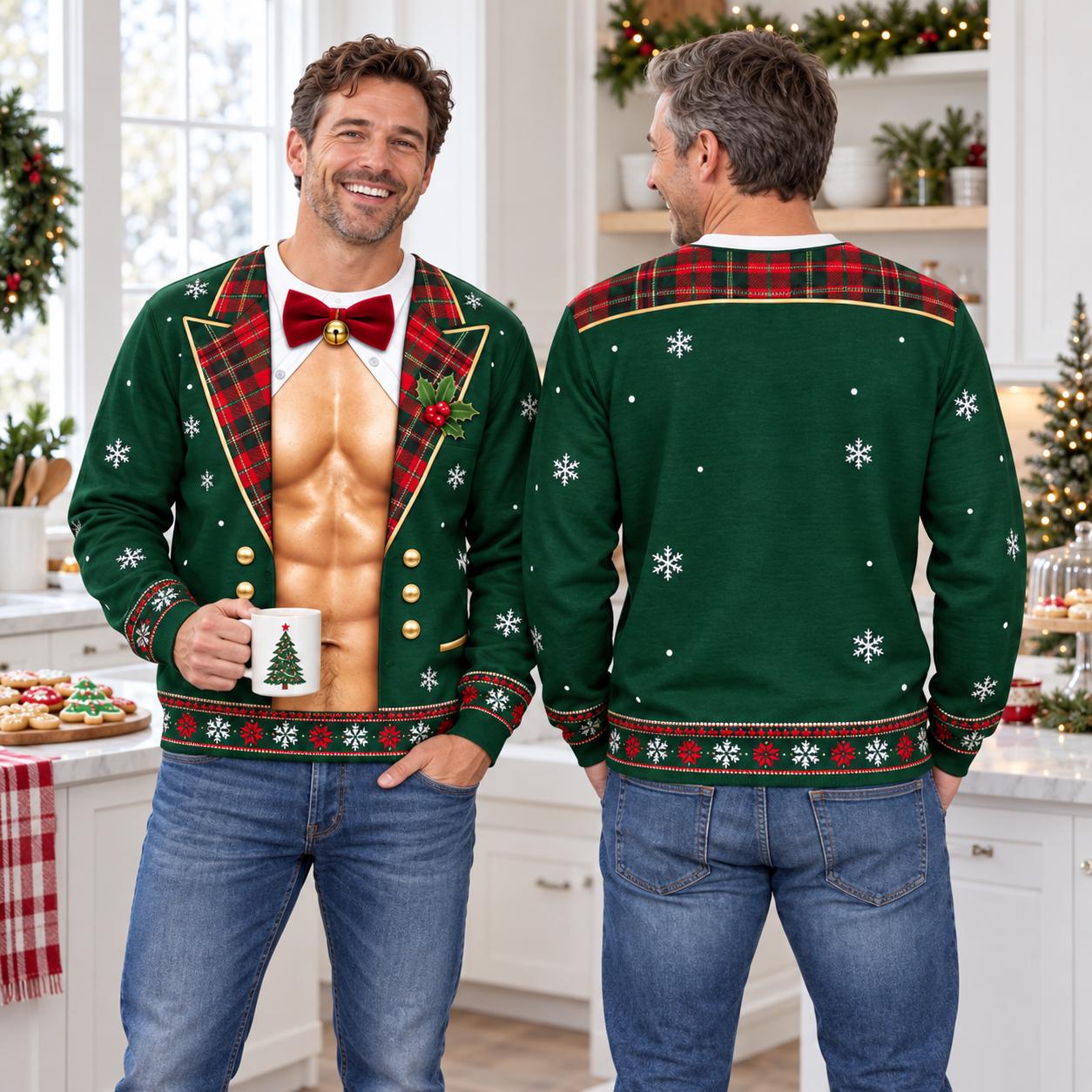 Funny Christmas Tuxedo Sweater and Sweatshirt with Fake Abs Formal Suit 3D Illusion for Ugly Xmas Party Shirt Hilarious Gift for Men - photo 2