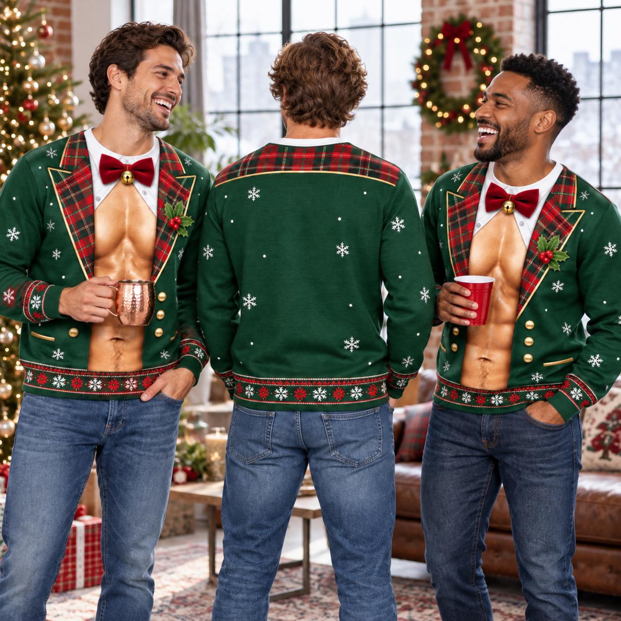 Funny Christmas Tuxedo Sweater and Sweatshirt with Fake Abs Formal Suit 3D Illusion for Ugly Xmas Party Shirt Hilarious Gift for Men - photo 6