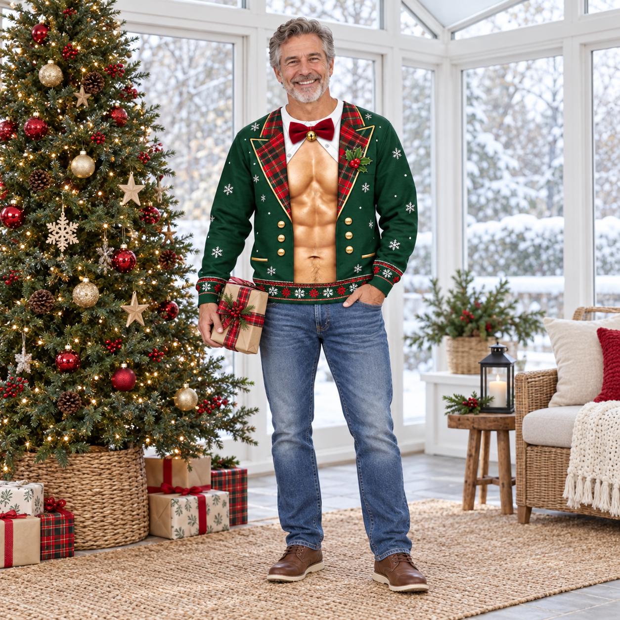 Funny Christmas Tuxedo Sweater and Sweatshirt with Fake Abs Formal Suit 3D Illusion for Ugly Xmas Party Shirt Hilarious Gift for Men - photo 7