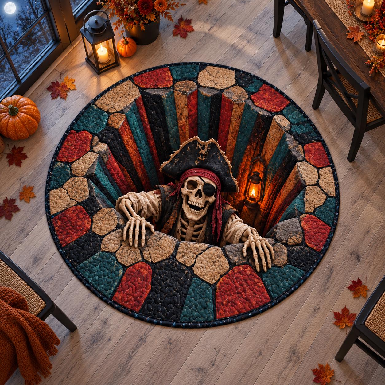 Pirate Skeleton Halloween Round Rug with 3D Illusion Stone Pit Floor Mat and Quilted Style Design for Spooky Skull Home Decor