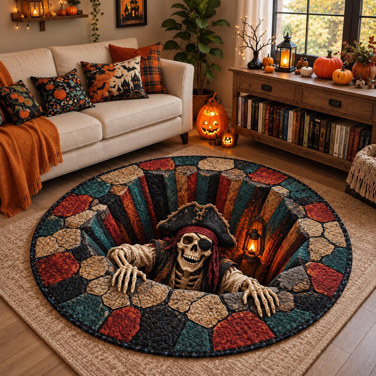 Pirate Skeleton Halloween Round Rug with 3D Illusion Stone Pit Floor Mat and Quilted Style Design for Spooky Skull Home Decor - photo 2