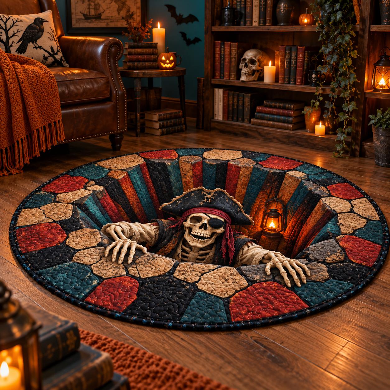 Pirate Skeleton Halloween Round Rug with 3D Illusion Stone Pit Floor Mat and Quilted Style Design for Spooky Skull Home Decor - photo 3