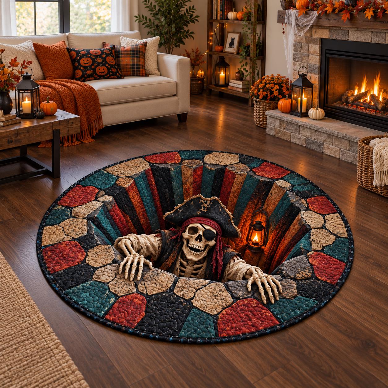 Pirate Skeleton Halloween Round Rug with 3D Illusion Stone Pit Floor Mat and Quilted Style Design for Spooky Skull Home Decor - photo 4