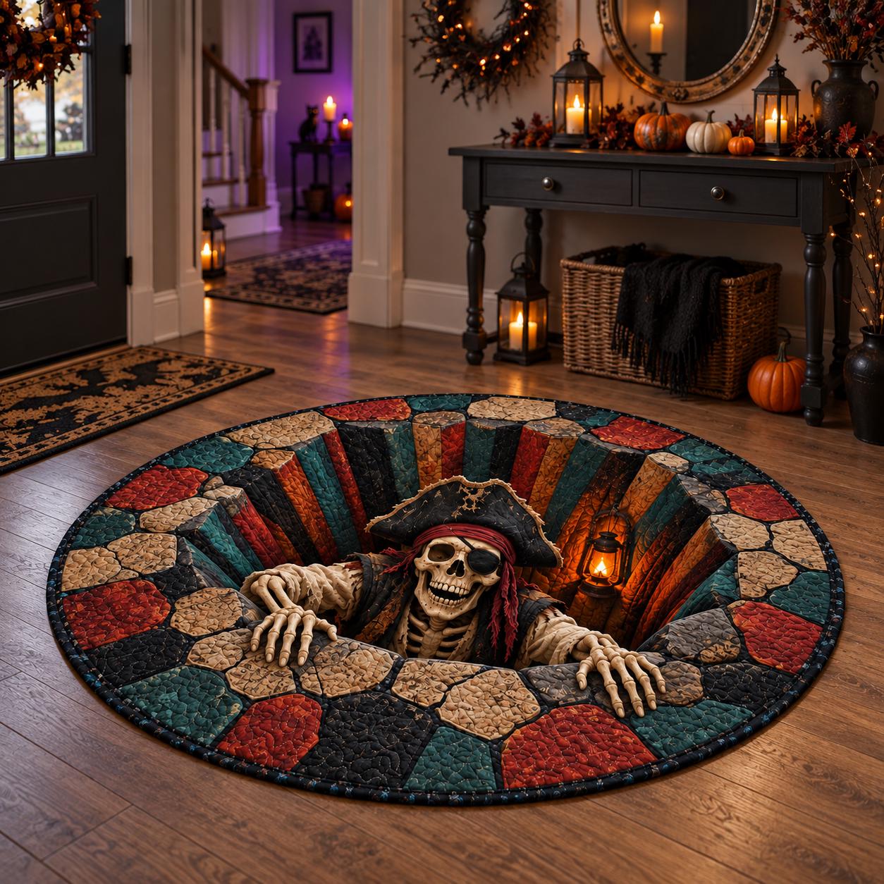 Pirate Skeleton Halloween Round Rug with 3D Illusion Stone Pit Floor Mat and Quilted Style Design for Spooky Skull Home Decor - photo 6