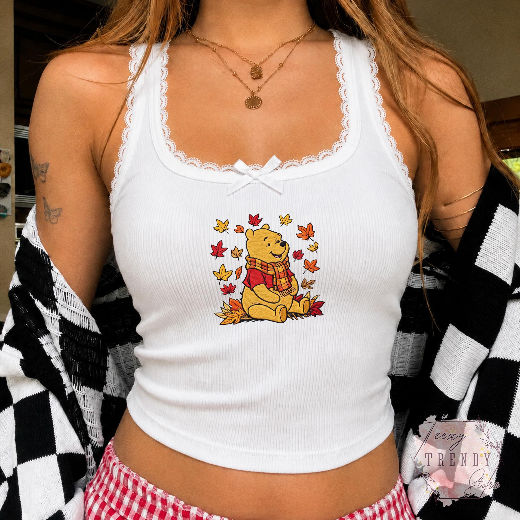 Vintage Honey Bear Embroidered Lace Tank Top for Women – Winnie the Pooh Spooky Season Shirt and Magical Land Fall Inspired Gift