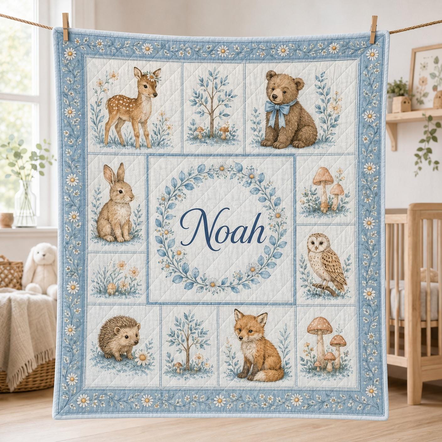 Personalized Bunny Blanket and Throw with Quilt Style Floral Design and Name, Rabbit Nursery Bedding for Custom Baby Girl Shower Gift