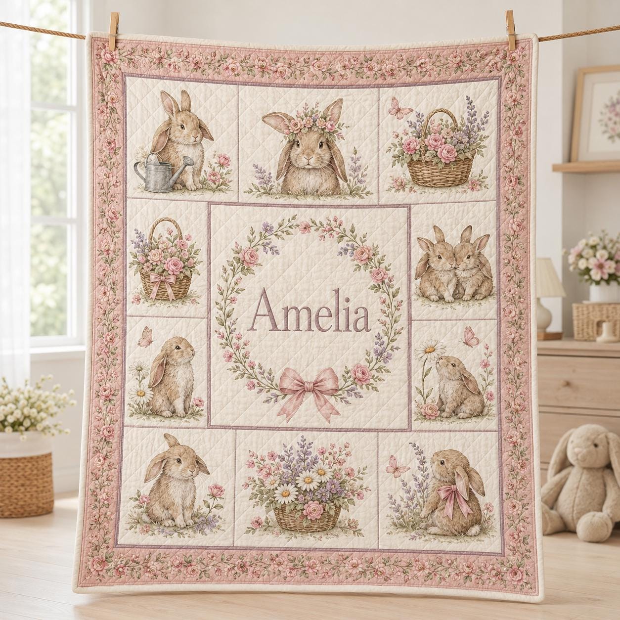 Personalized Bunny Blanket and Throw with Quilt Style Floral Design and Name, Rabbit Nursery Bedding for Custom Baby Girl Shower Gift - photo 2