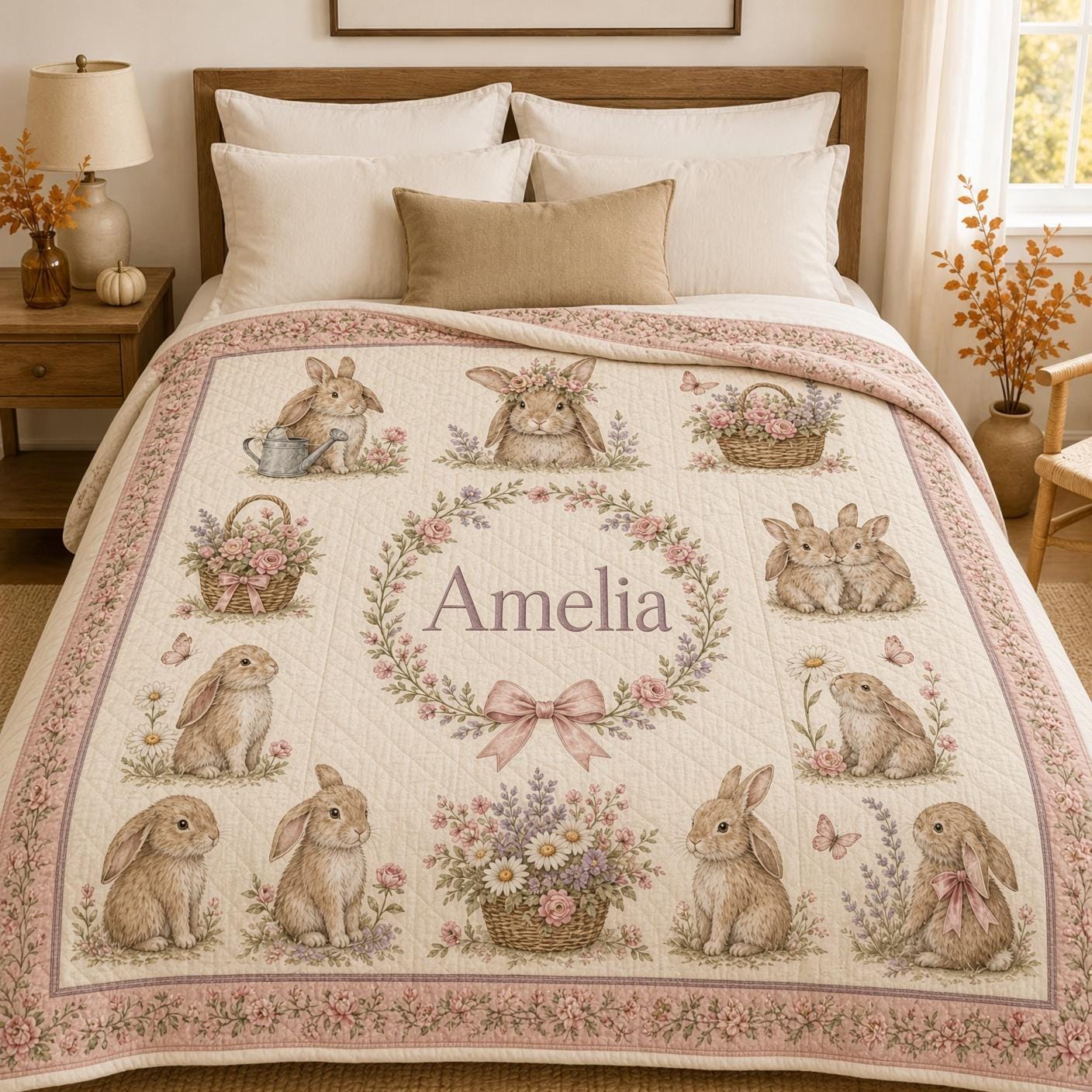 Personalized Bunny Blanket and Throw with Quilt Style Floral Design and Name, Rabbit Nursery Bedding for Custom Baby Girl Shower Gift - photo 6