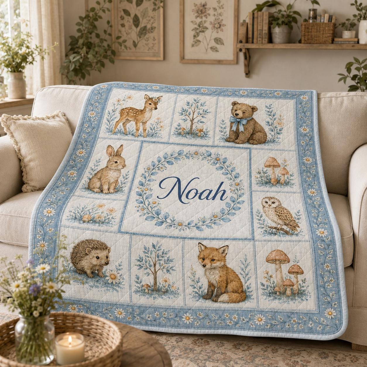 Personalized Bunny Blanket and Throw with Quilt Style Floral Design and Name, Rabbit Nursery Bedding for Custom Baby Girl Shower Gift - photo 7