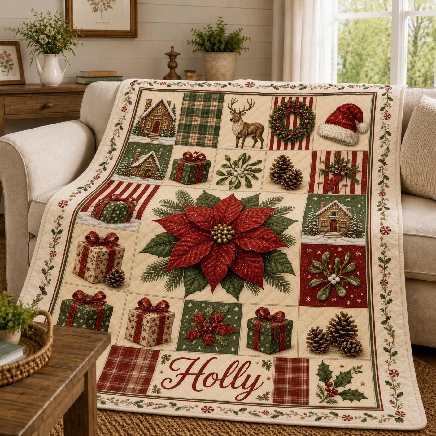 Personalized Christmas Blanket – Quilt Style Poinsettia Holiday Throw with Name Holly Bedding Custom Family Gift