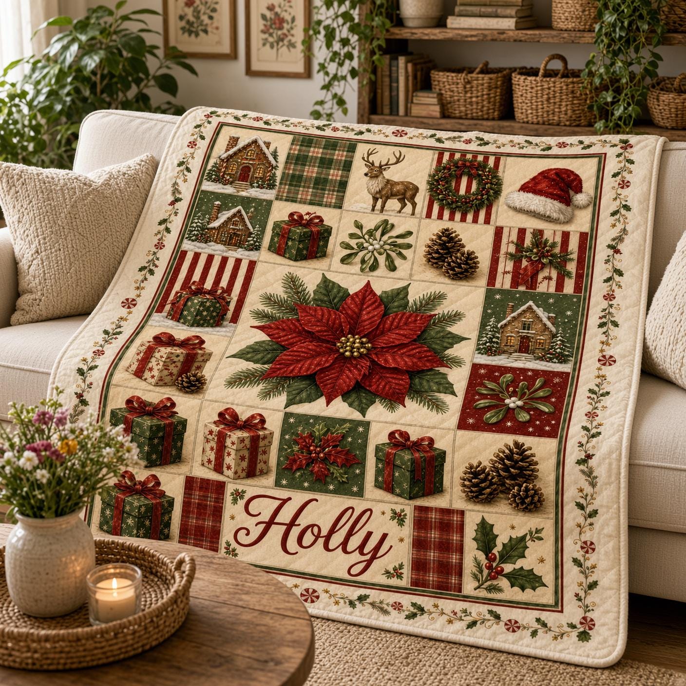 Personalized Christmas Blanket – Quilt Style Poinsettia Holiday Throw with Name Holly Bedding Custom Family Gift - photo 2