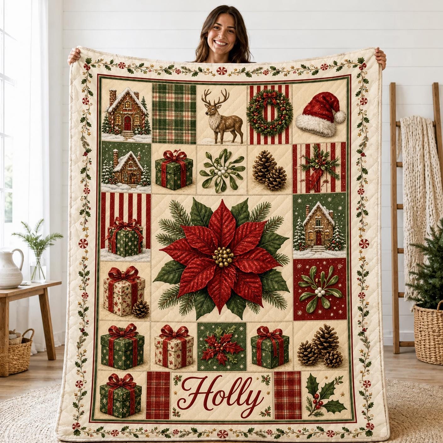 Personalized Christmas Blanket – Quilt Style Poinsettia Holiday Throw with Name Holly Bedding Custom Family Gift - photo 3