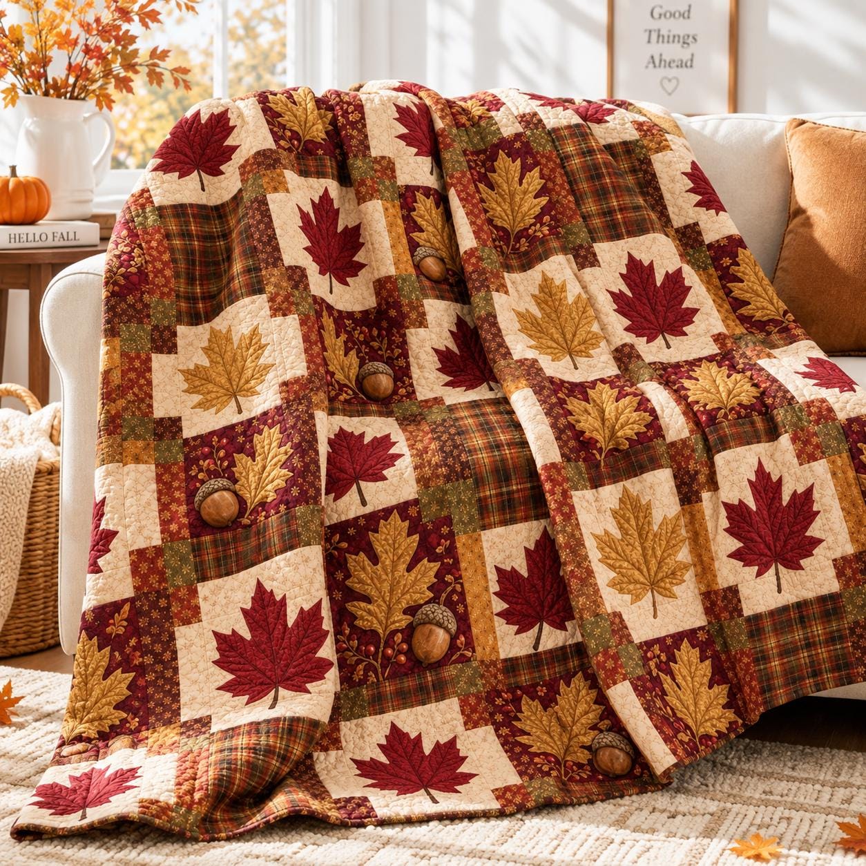 Maple Leaf Autumn Blanket – Acorn Fall Throw for Harvest Bedding and Thanksgiving Farmhouse Home Decor