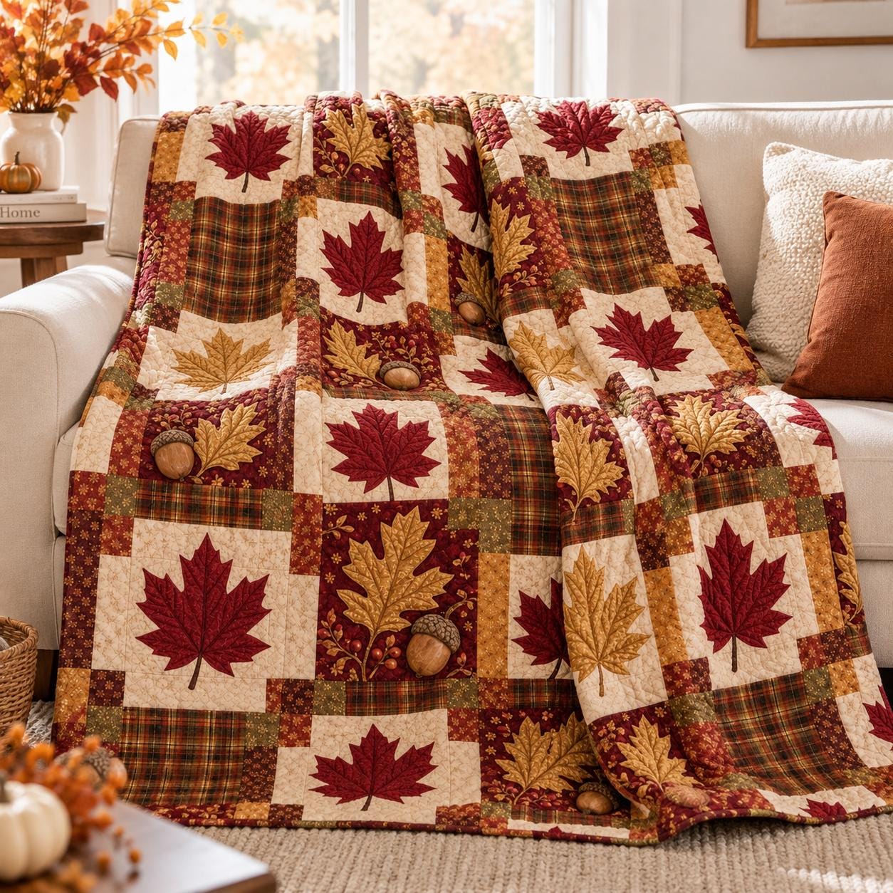 Maple Leaf Autumn Blanket – Acorn Fall Throw for Harvest Bedding and Thanksgiving Farmhouse Home Decor - photo 7