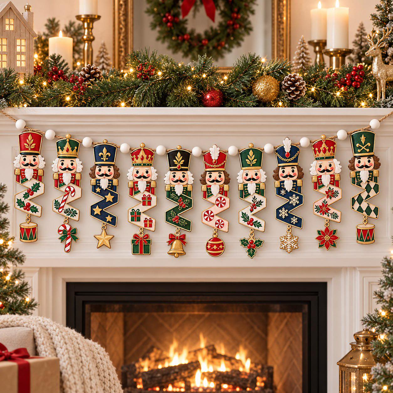 Garland – Nutcracker Wooden Banner for Christmas Fireplace Decor with Gingerbread Soldier Hanging Traditional Gnome and Wood Holiday