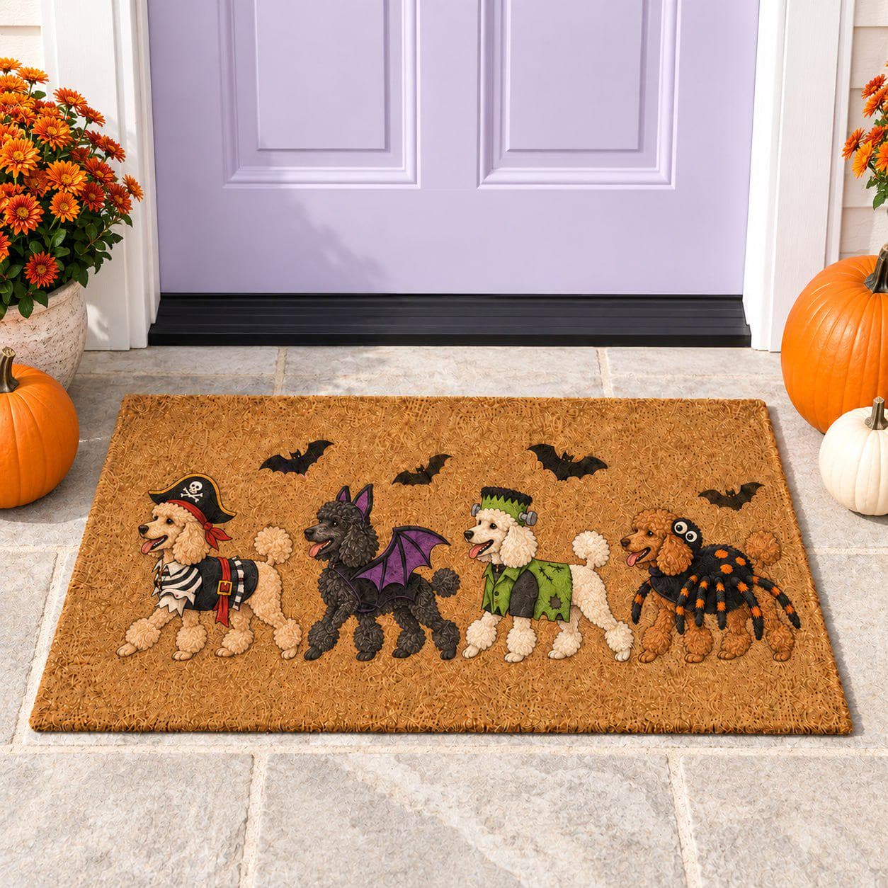 Doormat – Poodle Coir Mat for Halloween Porch Decor with Funny Costume Dog Welcome and Pirate Bat Frankenstein Spider Lover Gift