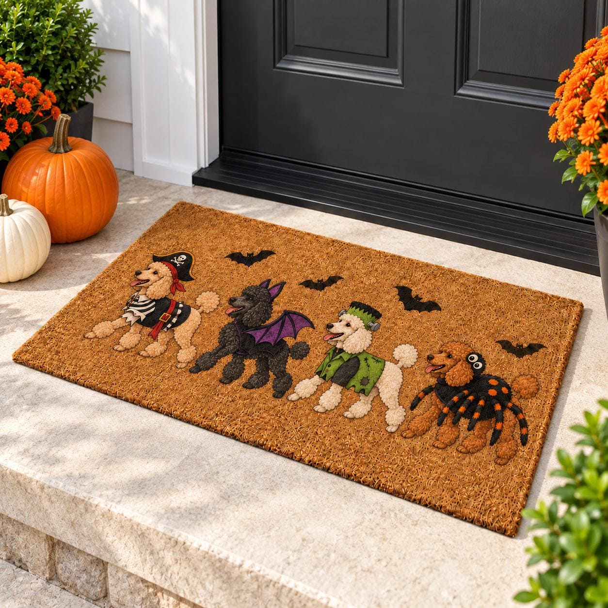 Doormat – Poodle Coir Mat for Halloween Porch Decor with Funny Costume Dog Welcome and Pirate Bat Frankenstein Spider Lover Gift - photo 2