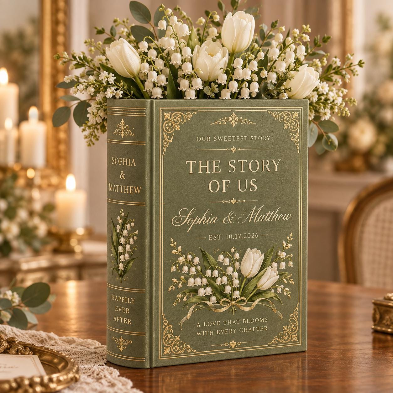 Personalized Ceramic Book Vase with Lily of the Valley Wedding Vase, Custom Couple Names and Date for Romantic Book Lover Wedding Gift