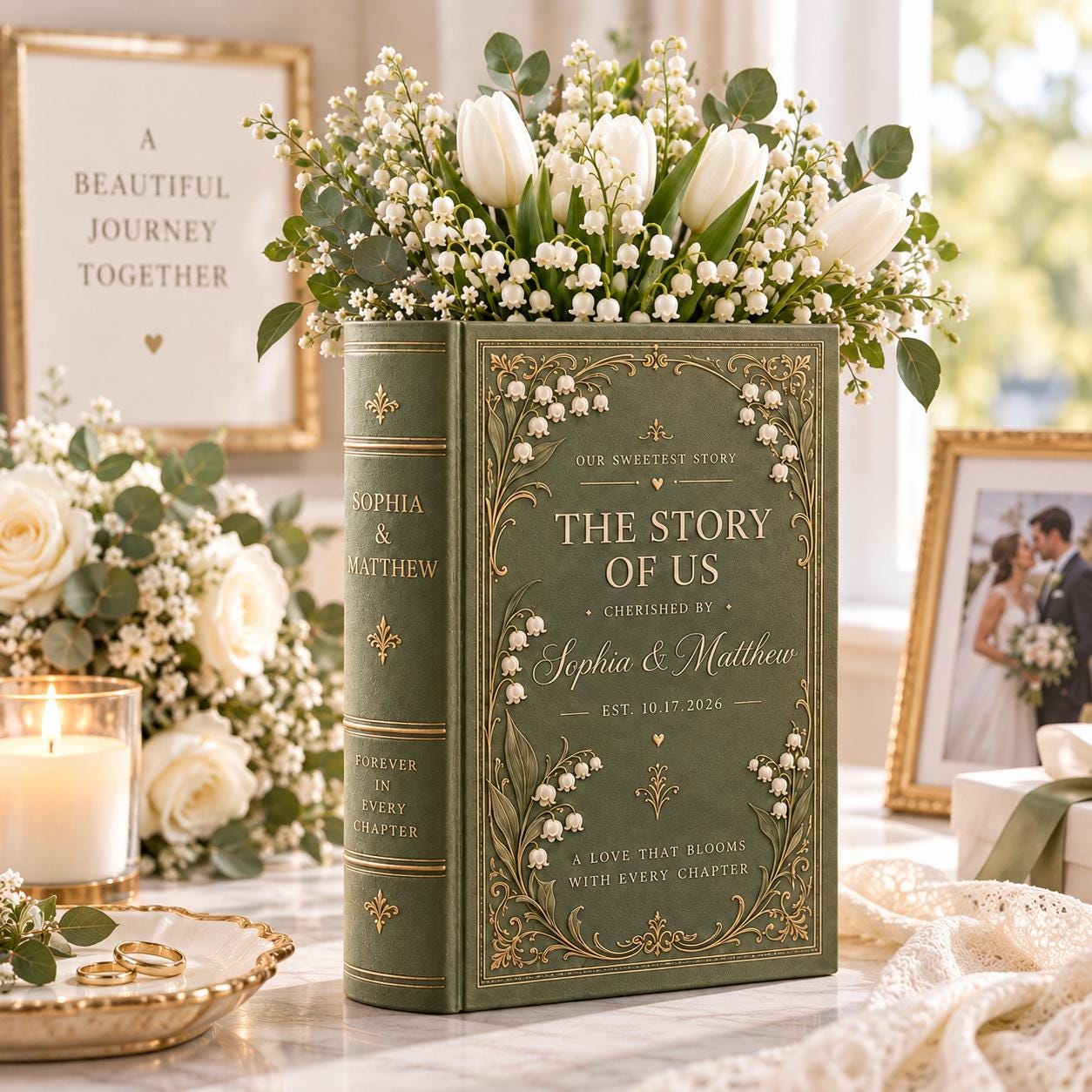 Personalized Ceramic Book Vase with Lily of the Valley Wedding Vase, Custom Couple Names and Date for Romantic Book Lover Wedding Gift - photo 2
