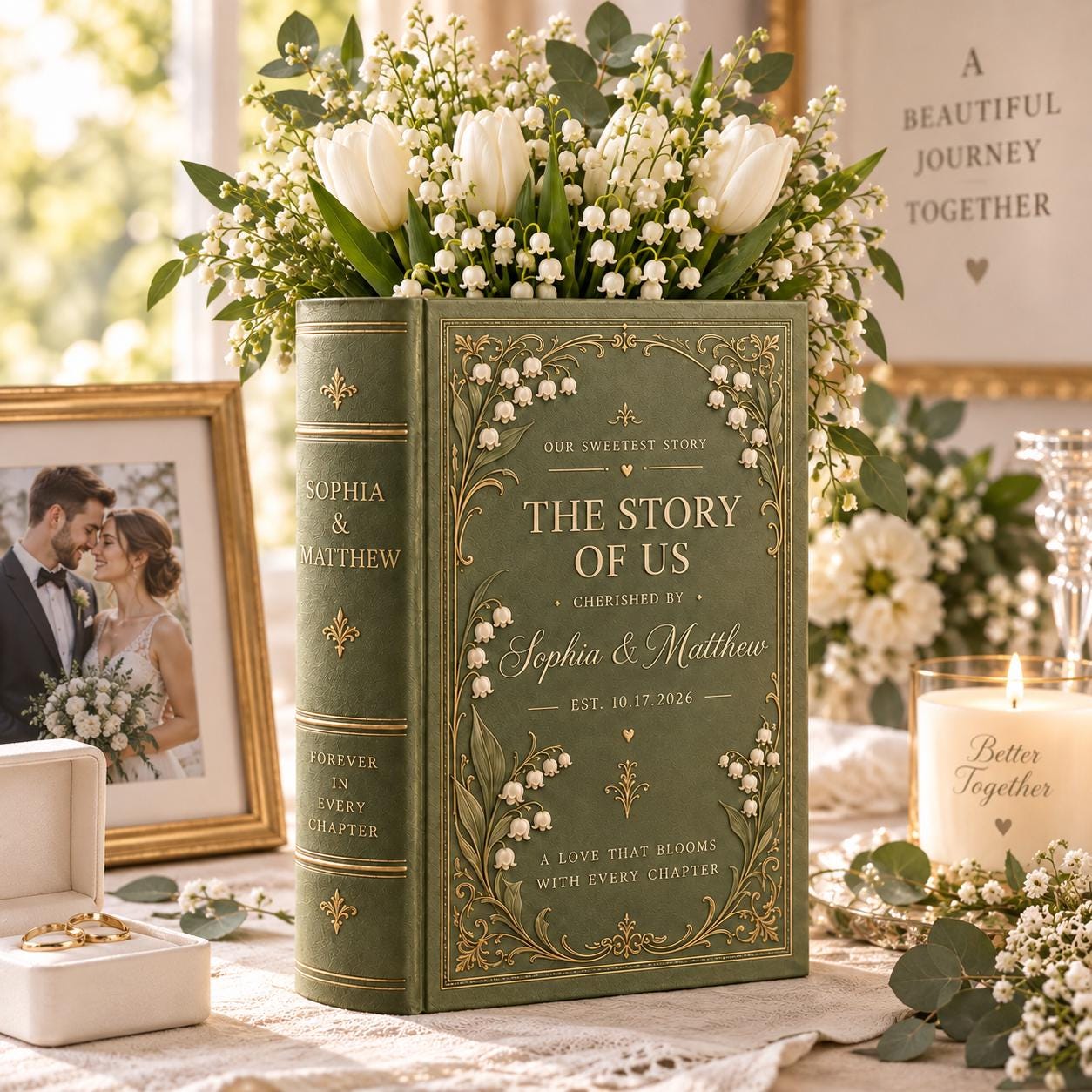 Personalized Ceramic Book Vase with Lily of the Valley Wedding Vase, Custom Couple Names and Date for Romantic Book Lover Wedding Gift - photo 7