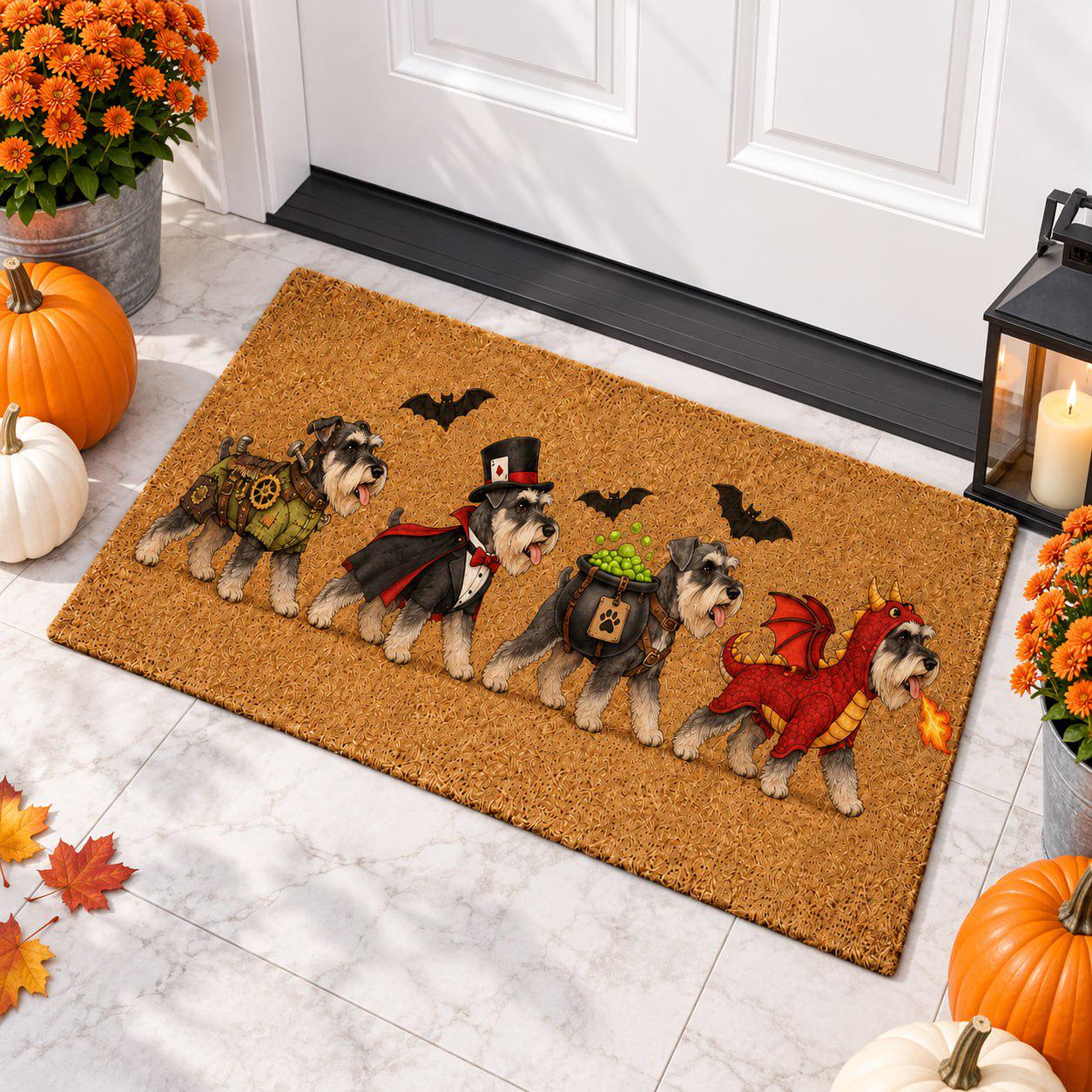 Doormat – Schnauzer Coir Mat for Halloween Porch Decor with Funny Costume Dog Welcome and Steampunk Vampire Dragon Cauldron Lover Gift