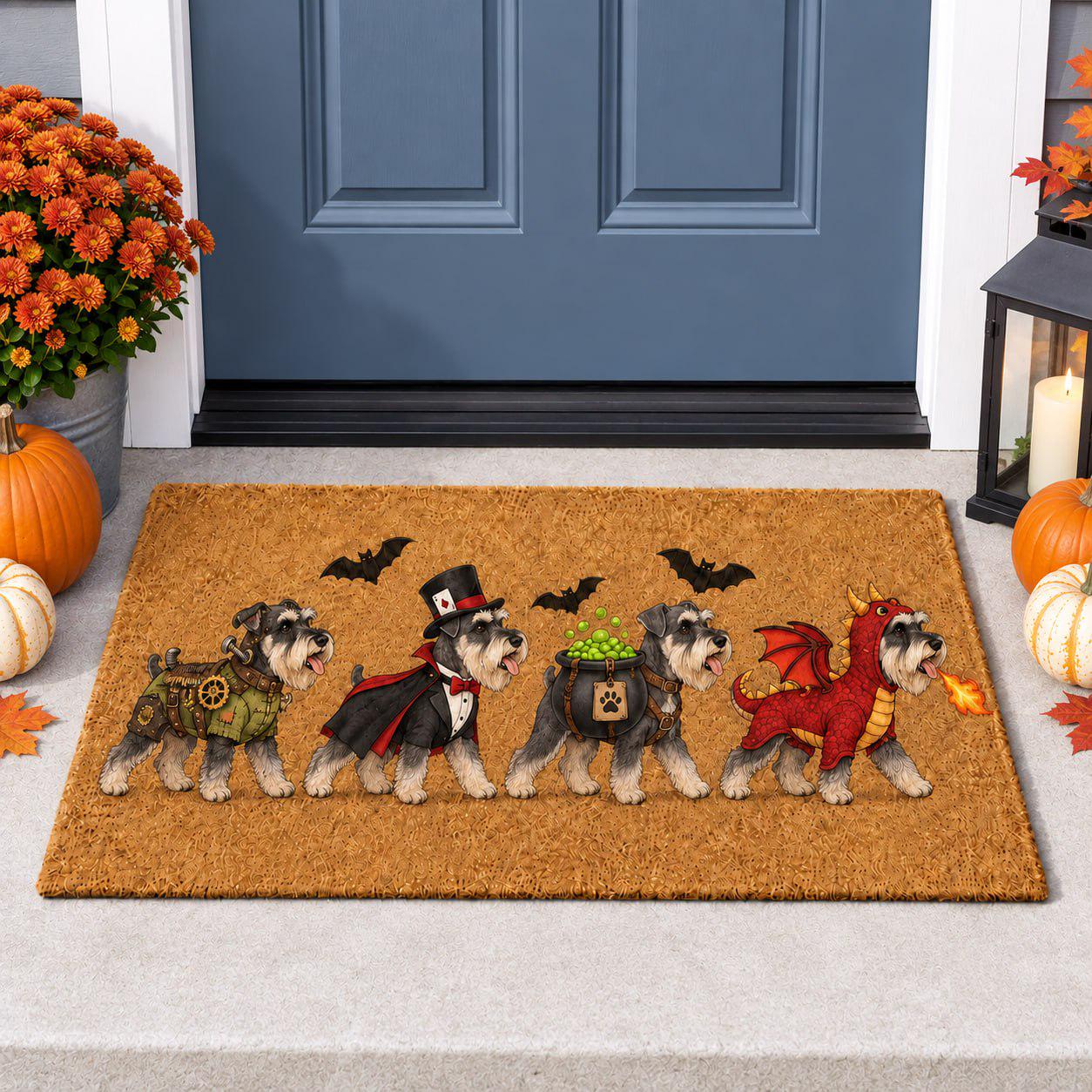 Doormat – Schnauzer Coir Mat for Halloween Porch Decor with Funny Costume Dog Welcome and Steampunk Vampire Dragon Cauldron Lover Gift - photo 2
