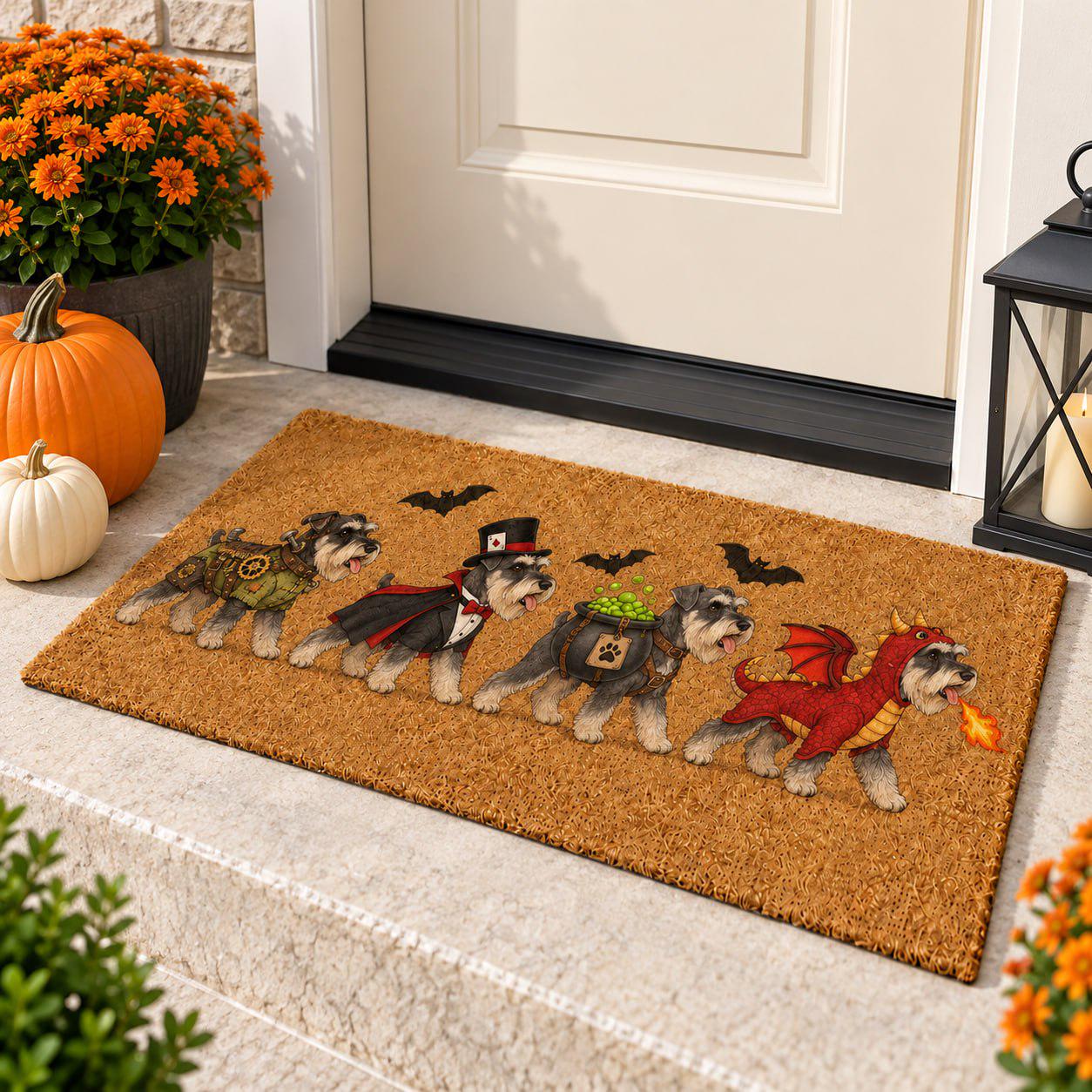 Doormat – Schnauzer Coir Mat for Halloween Porch Decor with Funny Costume Dog Welcome and Steampunk Vampire Dragon Cauldron Lover Gift - photo 3