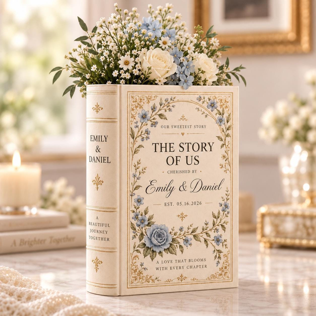 Personalized Ceramic Book Vase – Floral Wedding Vase with Names Date Custom Couple Keepsake Romantic Lover Gift