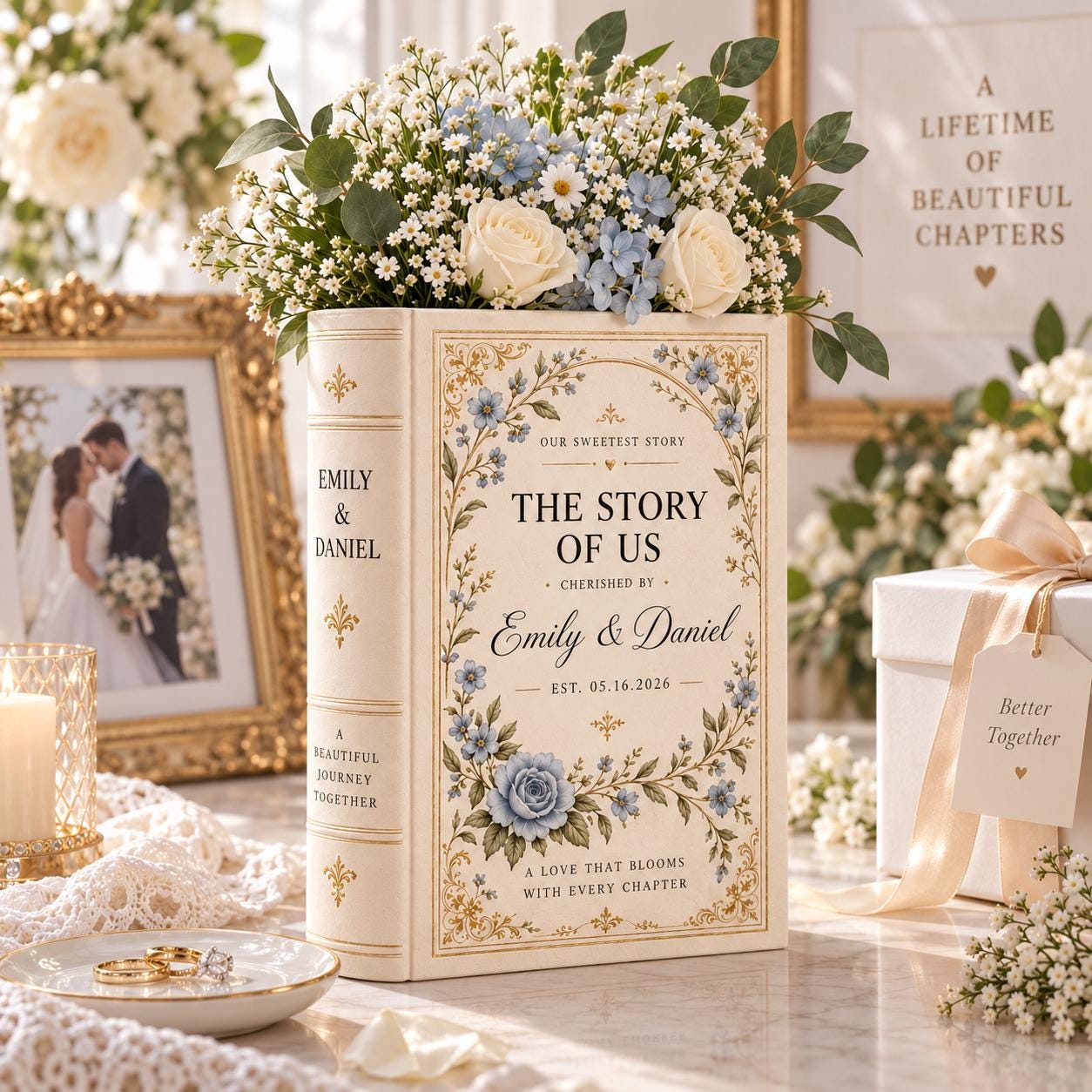 Personalized Ceramic Book Vase – Floral Wedding Vase with Names Date Custom Couple Keepsake Romantic Lover Gift - photo 2