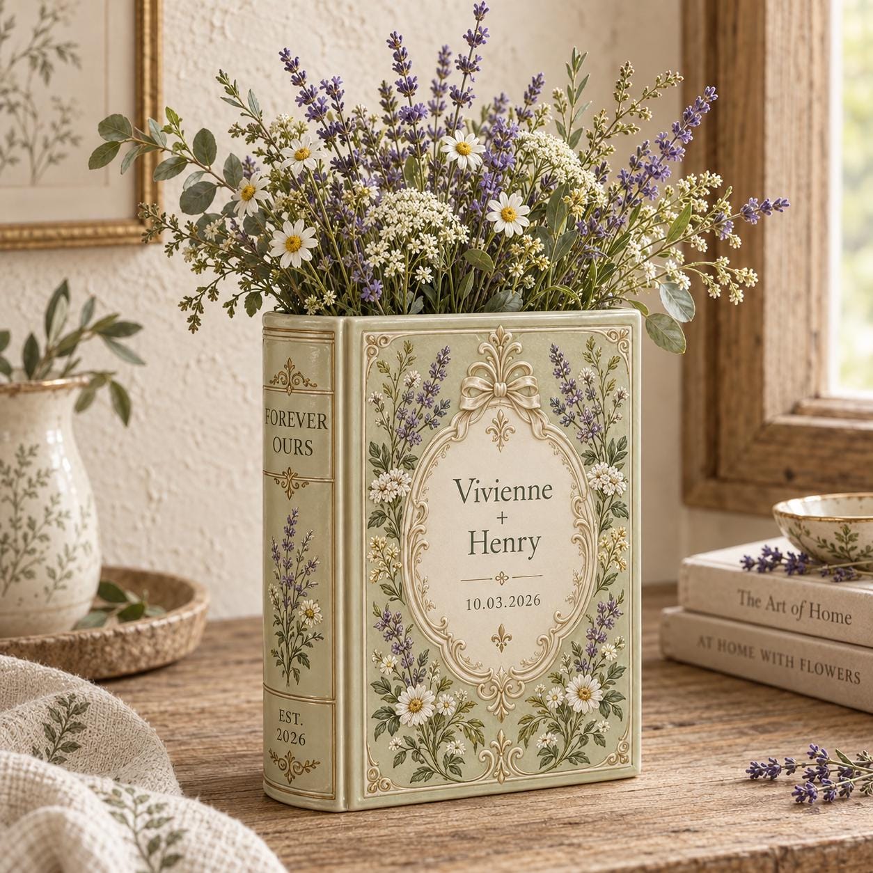 Ceramic Vase for Wedding and Anniversary with Personalized Custom Couple Names Date – Lavender Wildflower Book Lover Gift