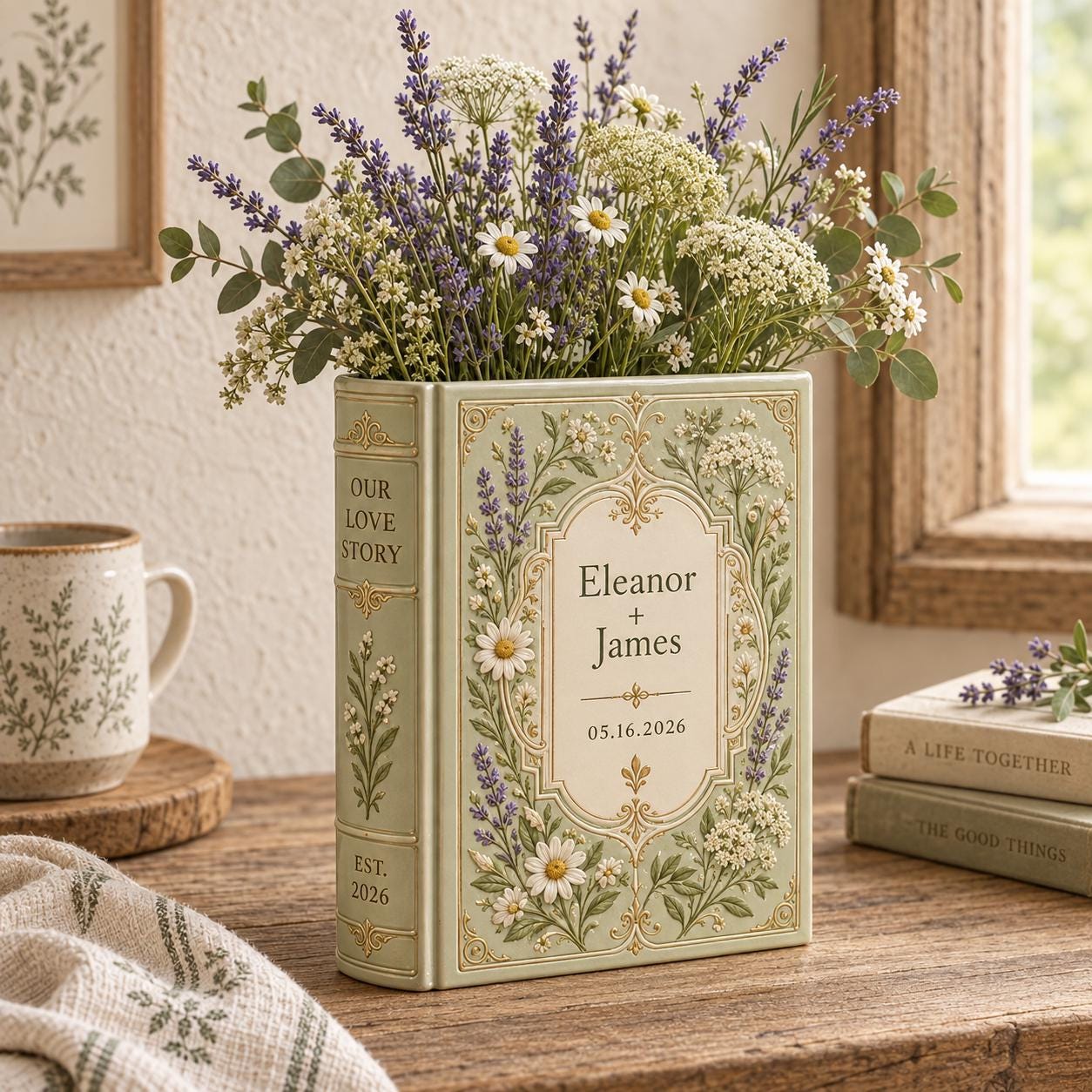Ceramic Vase for Wedding and Anniversary with Personalized Custom Couple Names Date – Lavender Wildflower Book Lover Gift - photo 2