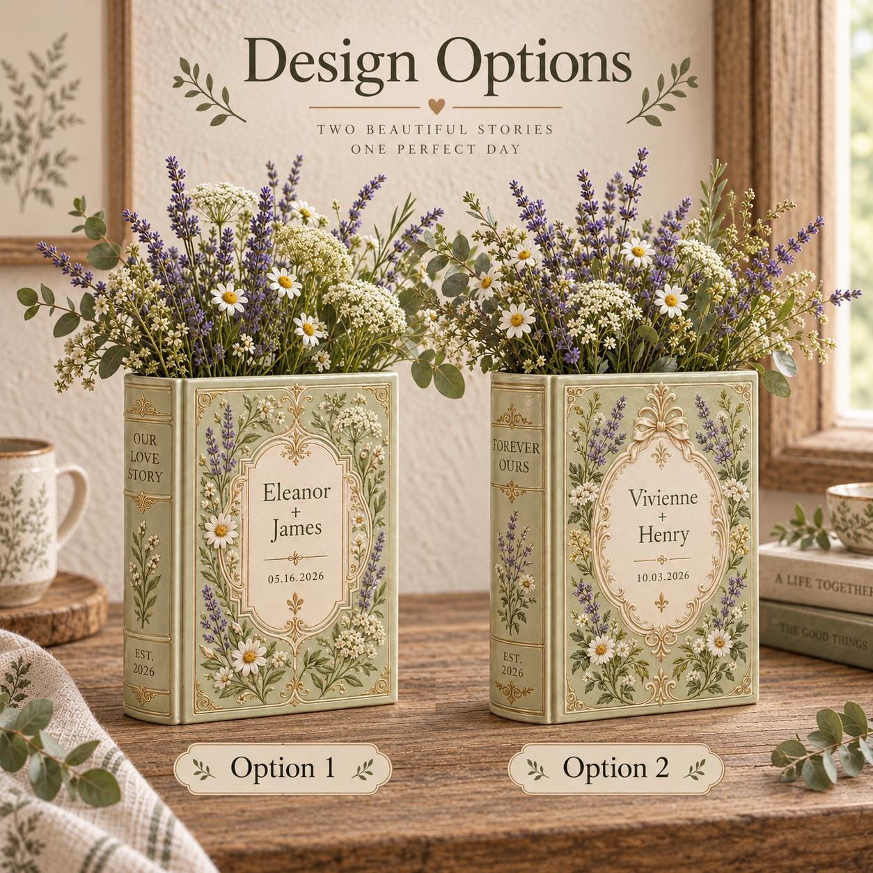 Ceramic Vase for Wedding and Anniversary with Personalized Custom Couple Names Date – Lavender Wildflower Book Lover Gift - photo 4
