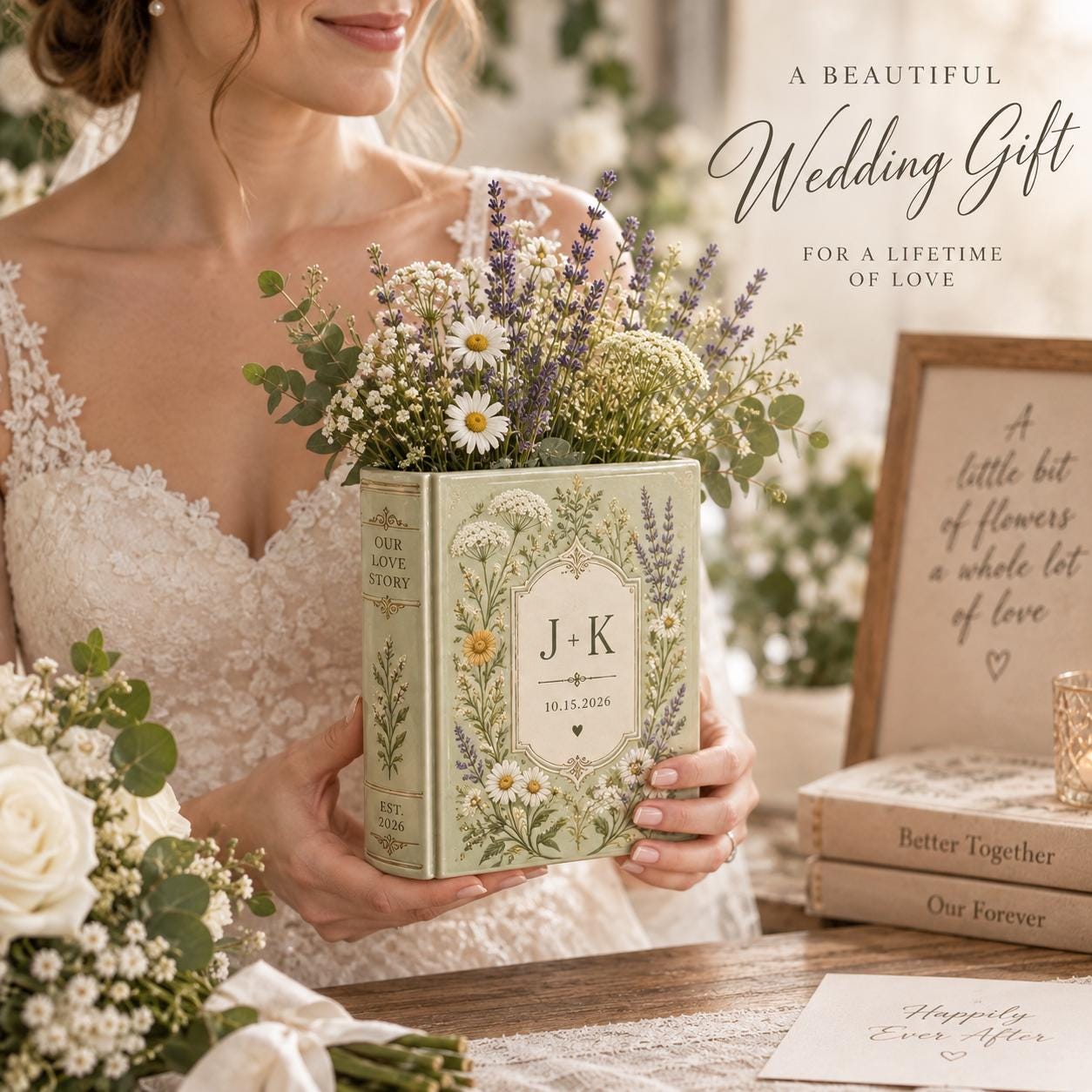 Ceramic Vase for Wedding and Anniversary with Personalized Custom Couple Names Date – Lavender Wildflower Book Lover Gift - photo 5