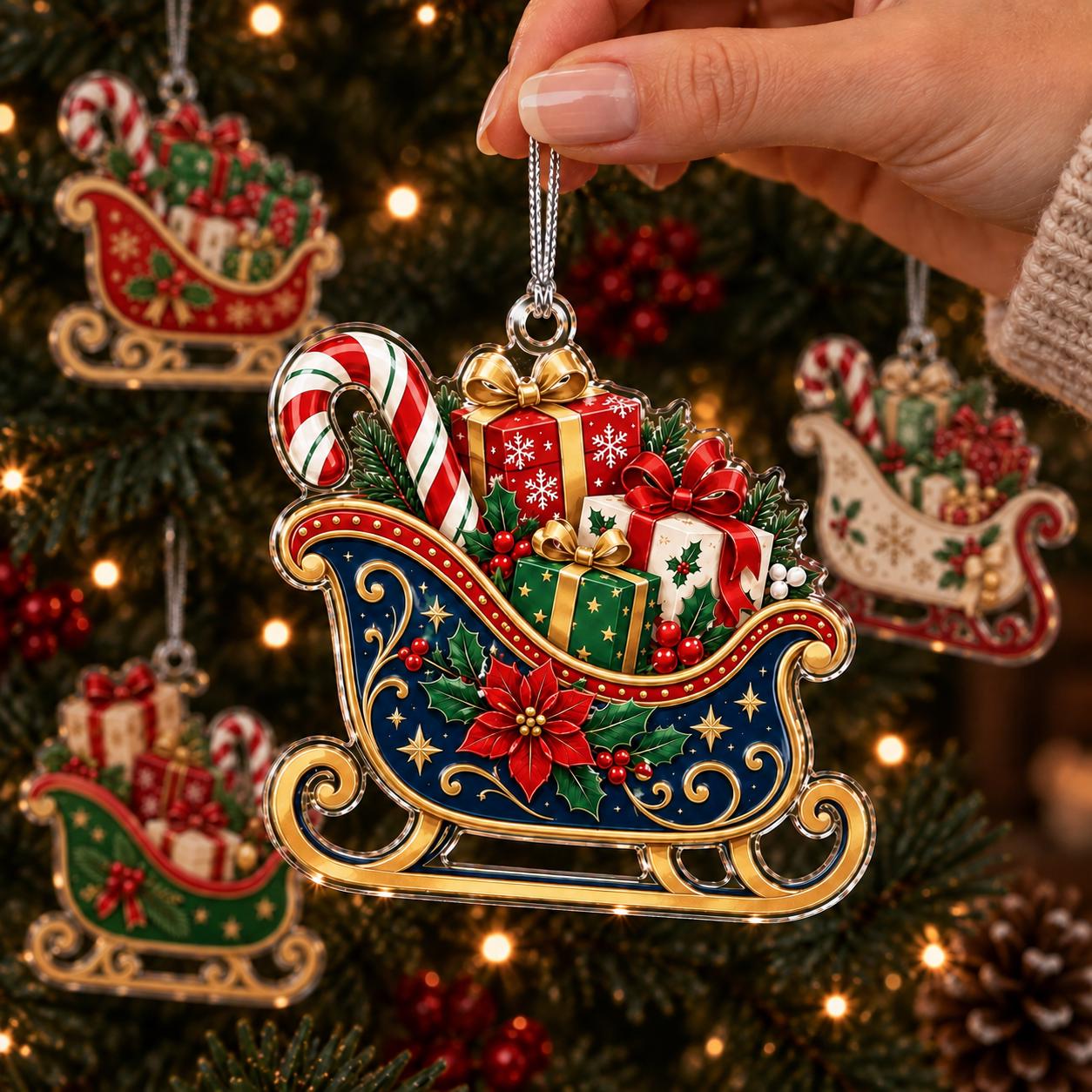 Christmas Sleigh Acrylic Ornament with Gift Box Candy Cane Tree Decor and Holiday Hanging Ornament for Festive Gift