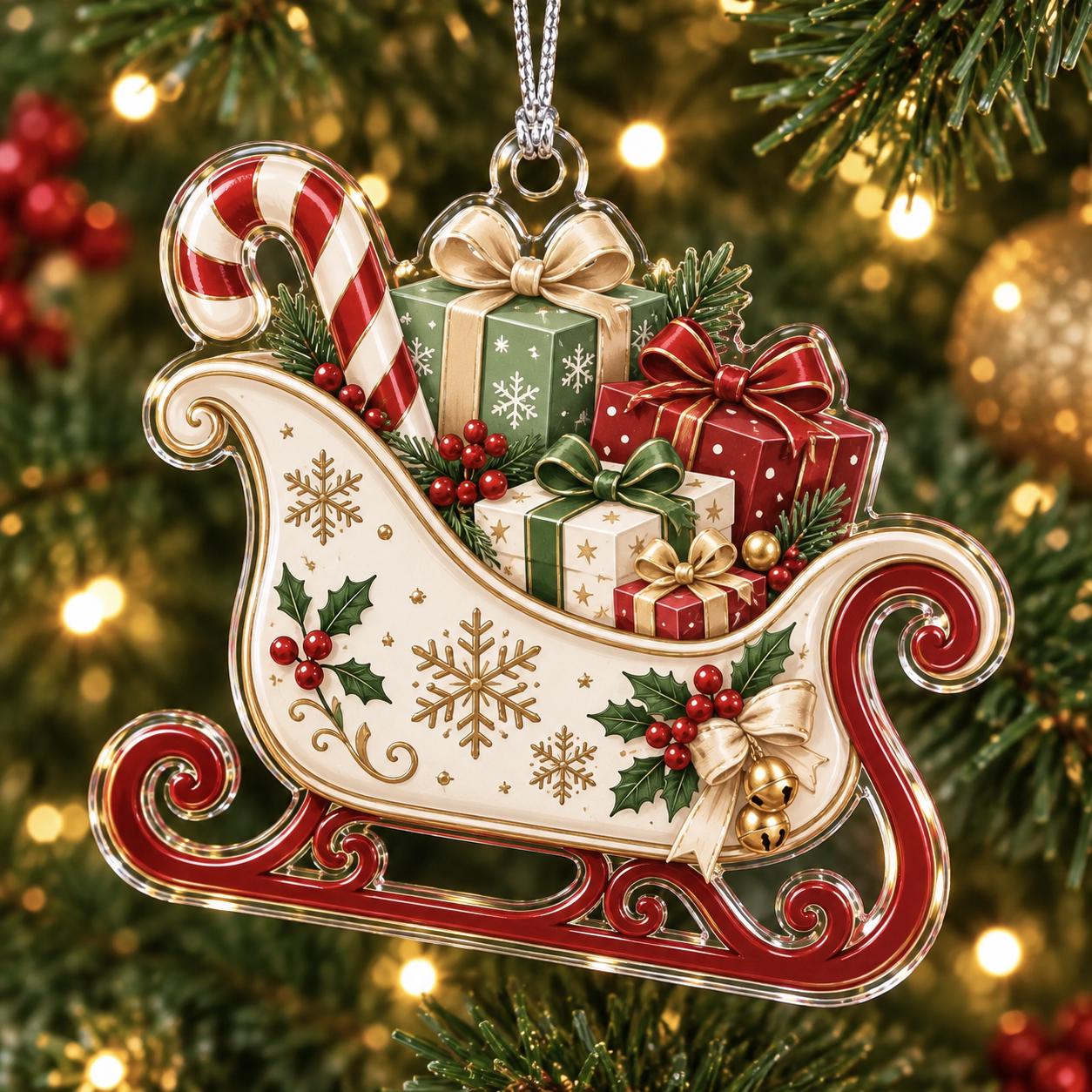 Christmas Sleigh Acrylic Ornament with Gift Box Candy Cane Tree Decor and Holiday Hanging Ornament for Festive Gift - photo 2