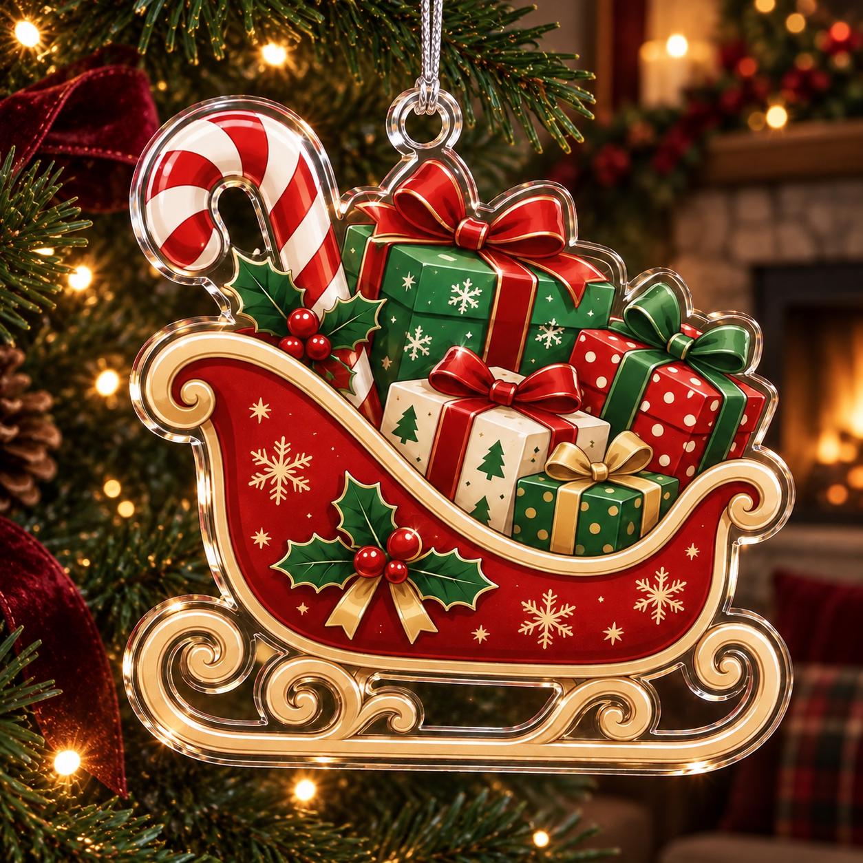 Christmas Sleigh Acrylic Ornament with Gift Box Candy Cane Tree Decor and Holiday Hanging Ornament for Festive Gift - photo 3