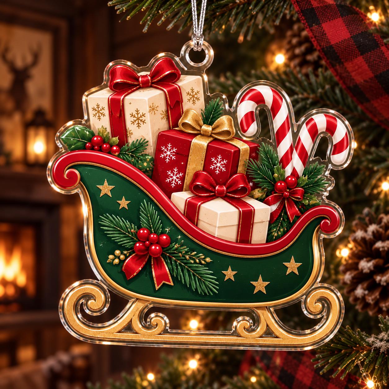 Christmas Sleigh Acrylic Ornament with Gift Box Candy Cane Tree Decor and Holiday Hanging Ornament for Festive Gift - photo 6