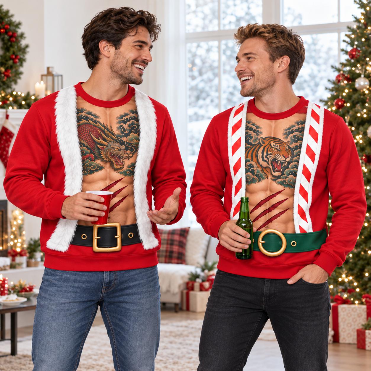 Sweatshirt – Dragon Tattoo Santa Shirt for Men with Funny Christmas Sweater Open Chest Holiday and Xmas Party Gift