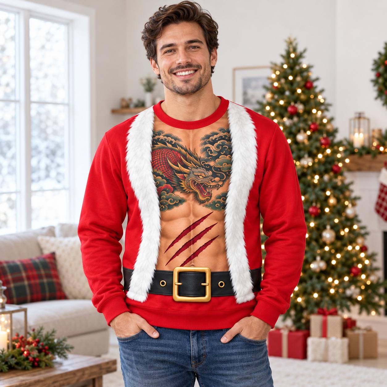 Sweatshirt – Dragon Tattoo Santa Shirt for Men with Funny Christmas Sweater Open Chest Holiday and Xmas Party Gift - photo 8