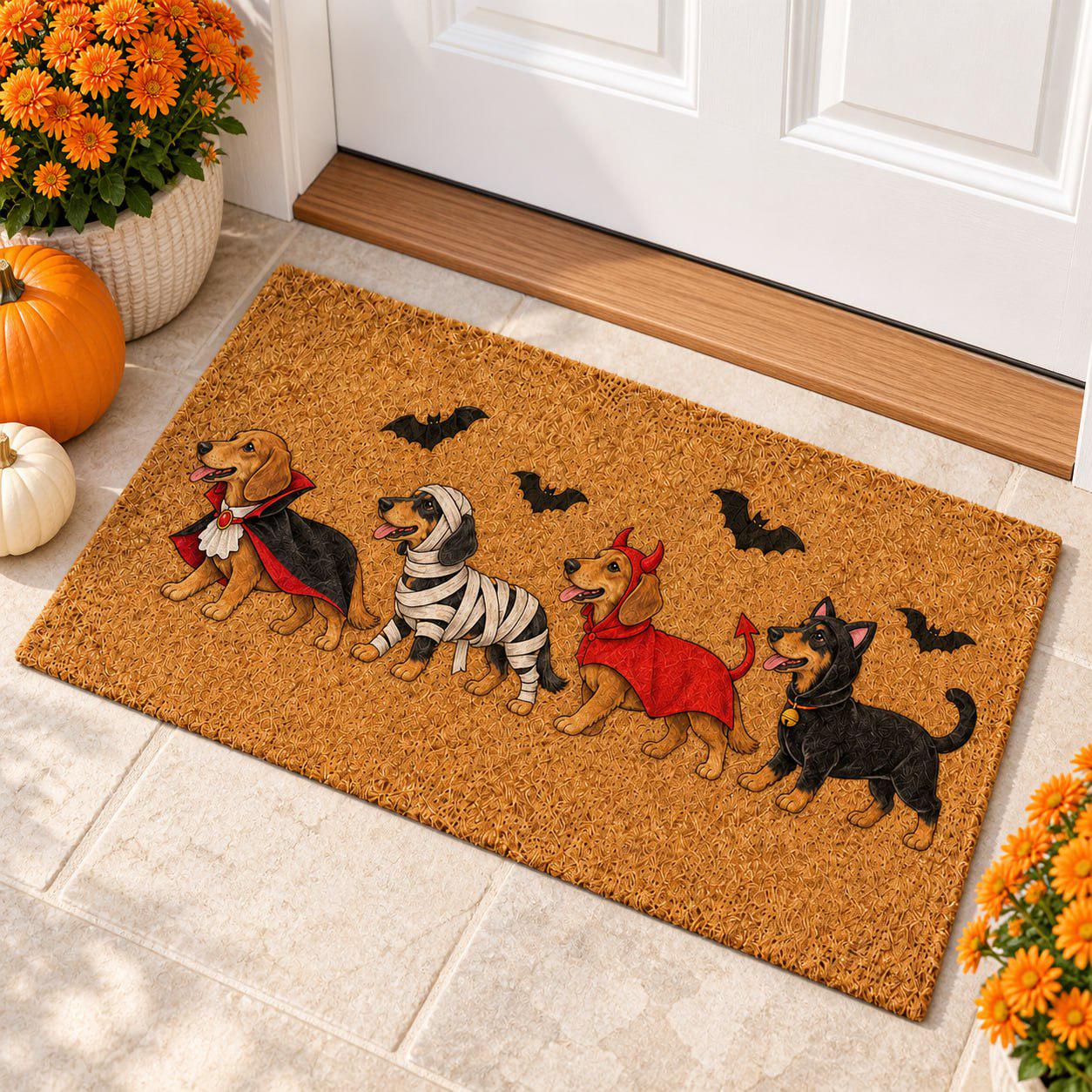 Doormat – Dachshund Coir Mat for Halloween Porch Decor with Funny Costume Wiener Dog Welcome and Vampire Mummy Devil Cat Lover Gift