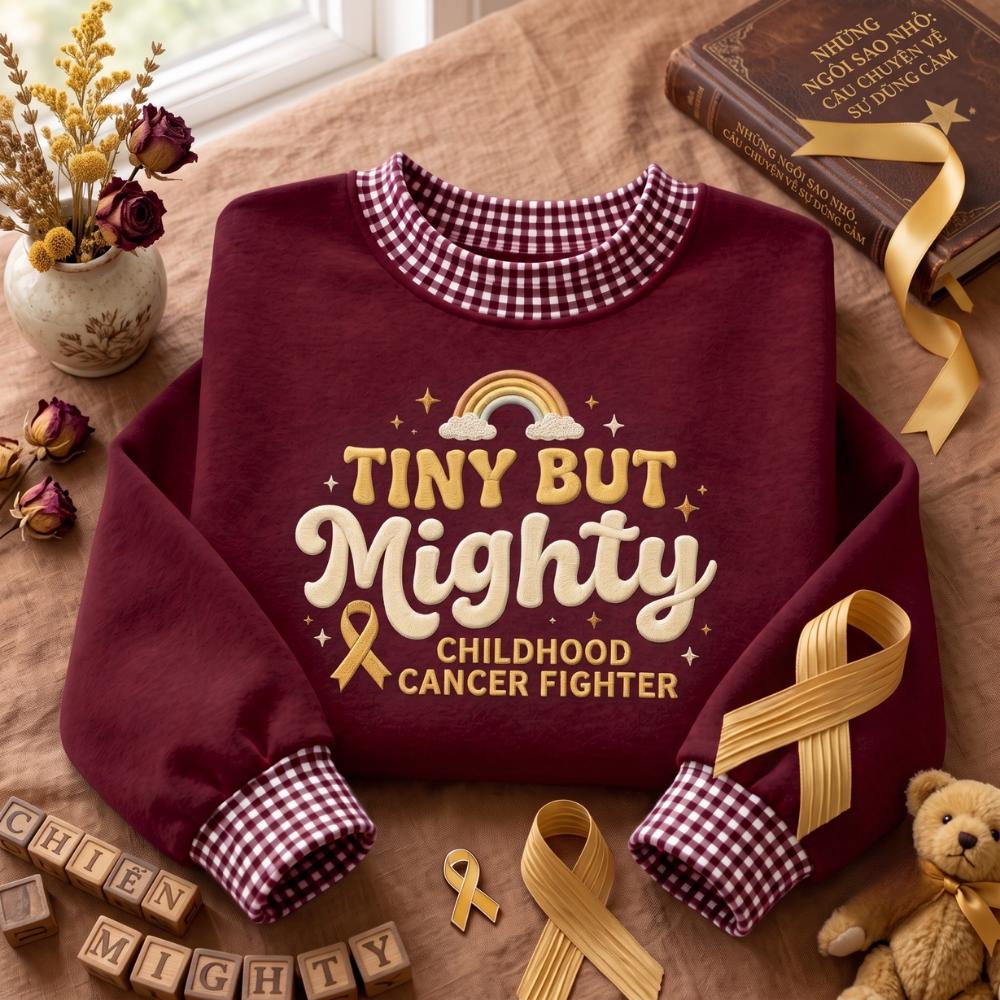 Sweatshirt – Embroidered Gold Ribbon Crewneck for Pediatric Cancer Awareness with Tiny But Mighty Childhood Fighter and Warrior Gift Shirt