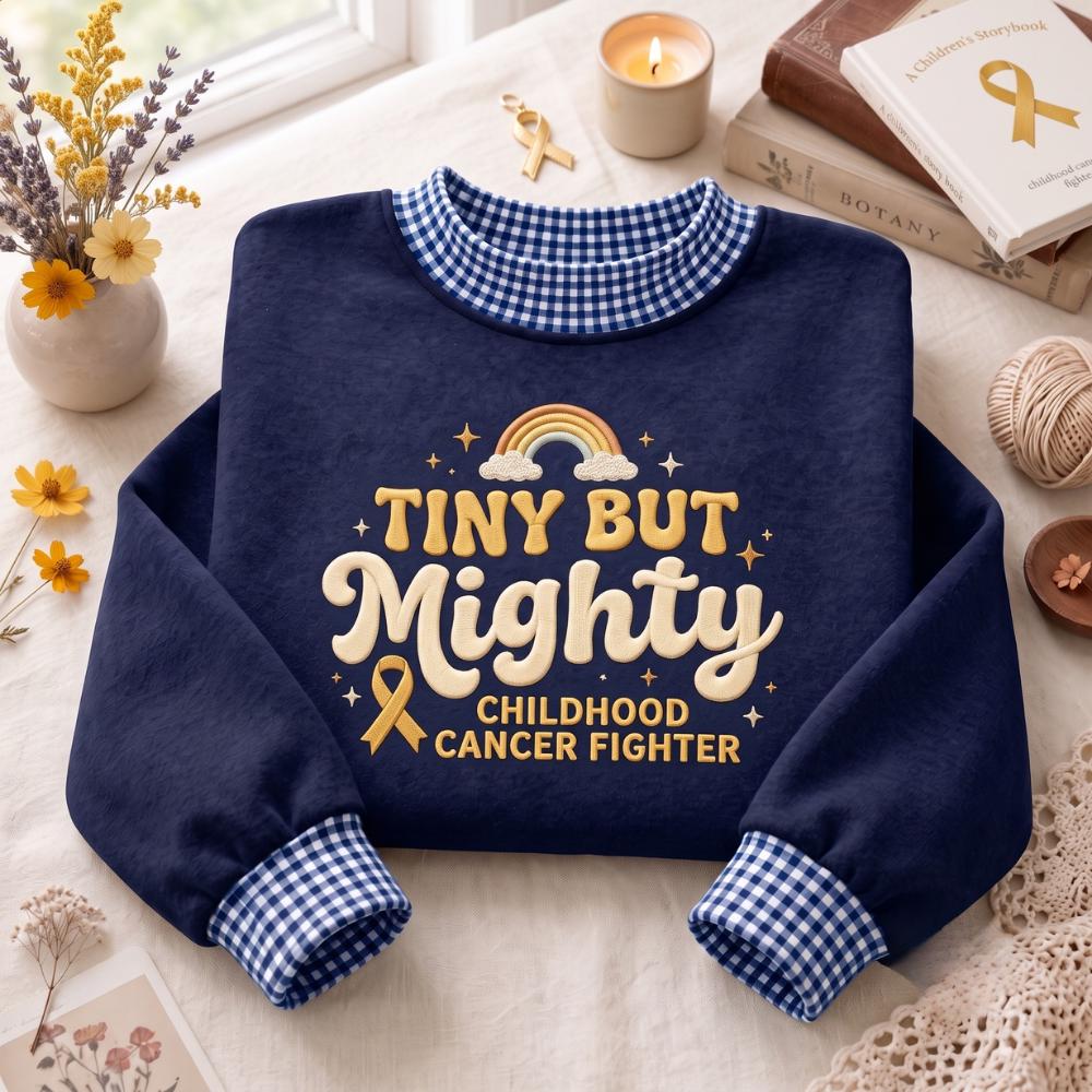 Sweatshirt – Embroidered Gold Ribbon Crewneck for Pediatric Cancer Awareness with Tiny But Mighty Childhood Fighter and Warrior Gift Shirt - photo 2