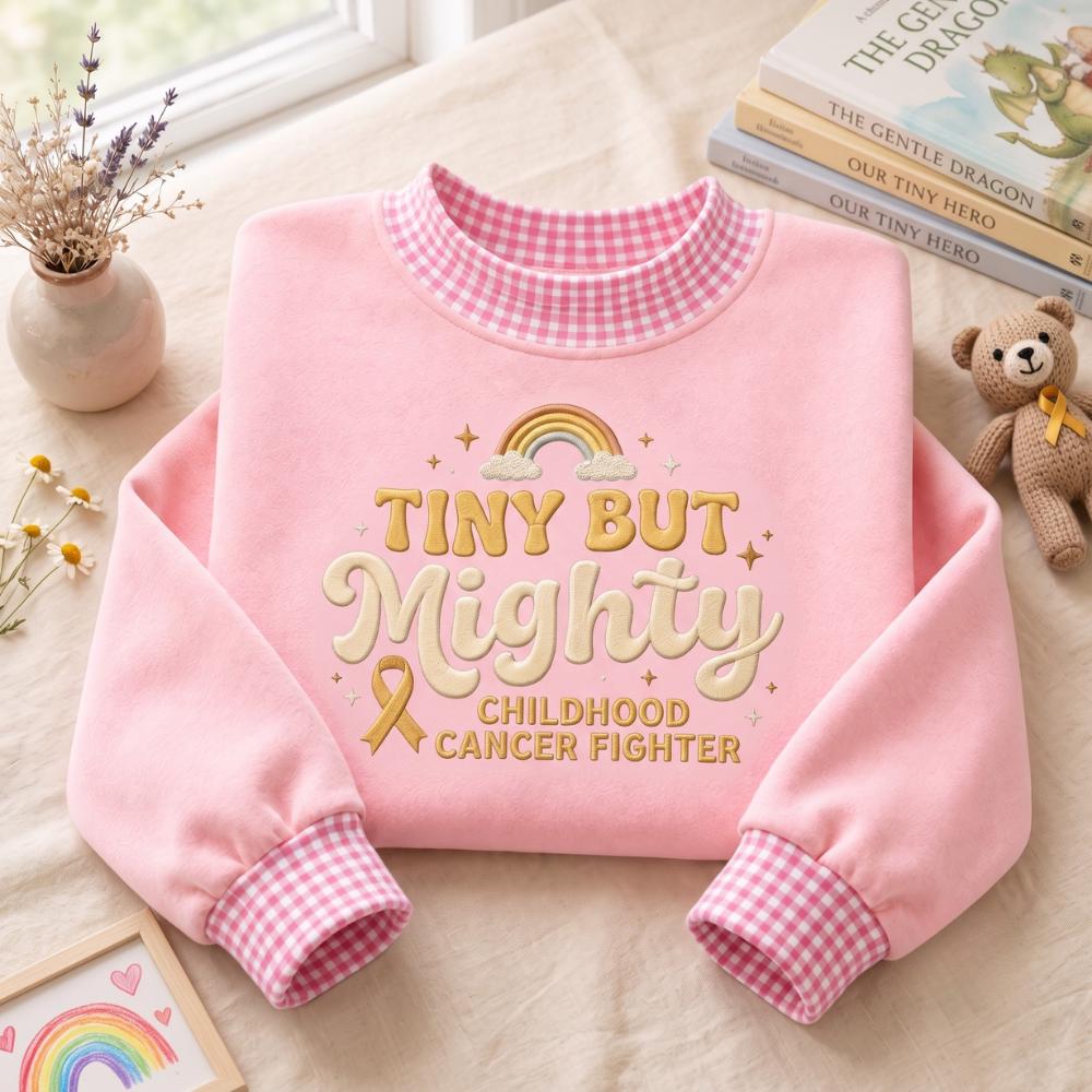 Sweatshirt – Embroidered Gold Ribbon Crewneck for Pediatric Cancer Awareness with Tiny But Mighty Childhood Fighter and Warrior Gift Shirt - photo 3