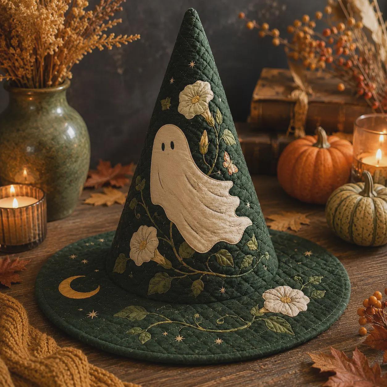 Decor β Ghost Witch Hat for Spooky Autumn Home Table Centerpiece with Quilted Style Halloween Floral Celestial and Witchy Gift
