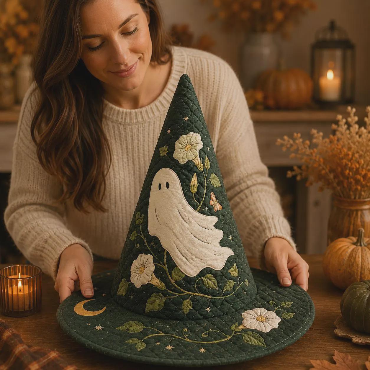 Decor – Ghost Witch Hat for Spooky Autumn Home Table Centerpiece with Quilted Style Halloween Floral Celestial and Witchy Gift - photo 2