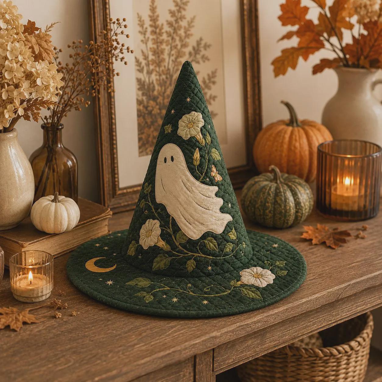 Decor – Ghost Witch Hat for Spooky Autumn Home Table Centerpiece with Quilted Style Halloween Floral Celestial and Witchy Gift - photo 3