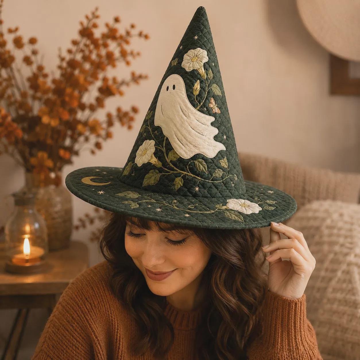 Decor – Ghost Witch Hat for Spooky Autumn Home Table Centerpiece with Quilted Style Halloween Floral Celestial and Witchy Gift - photo 5